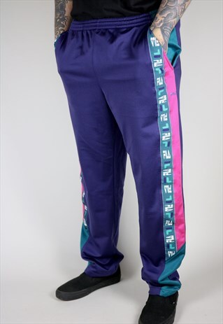 VINTAGE FILA TAPED LOGO JOGGERS IN PURPLE AND GREEN