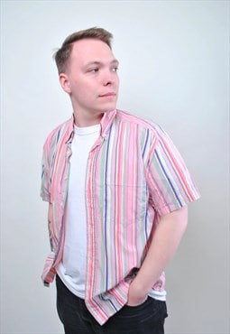 90s pink striped shirt, vintage short sleeve button down
