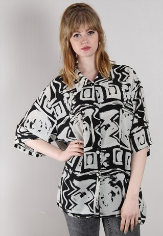 VINTAGE 80S MONOCHROME PATTERN SHIRT BLOUSE TOP
