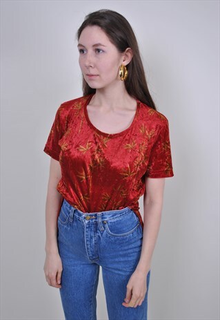 90S VINTAGE FLORAL BLOUSE, WOMEN RED ASIAN PRINT SHIRT