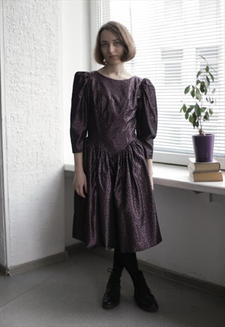 VINTAGE 80'S PURPLE METAL POLKA DOT OPEN BACK DRESS