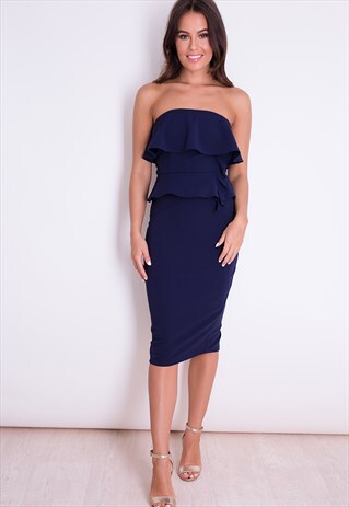 LILIANA BANDEAU FRILL MIDI DRESS NAVY