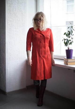 VINTAGE 80'S RED TIMBER PRINT DOUBLE BREASTED DRESS