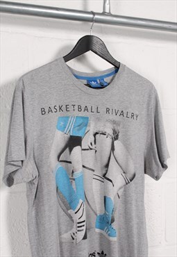 Vintage Adidas T-Shirt in Grey Crewneck Sports Tee Medium