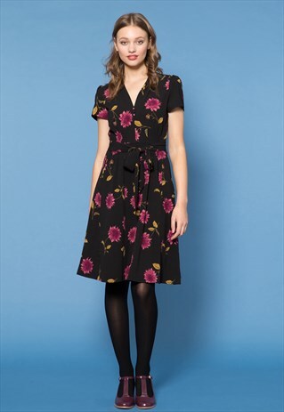 BLACK BUTTON UP FLORAL PRINT DRESS