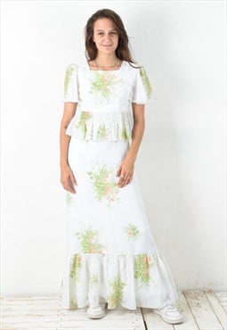 Women's S M 50's White Dress Floral Maxi Classy Handmade