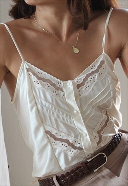 Deadstock cream buttoned embroidered hollow lingerie top.