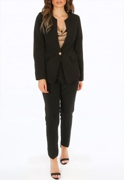 Collarless Ruffle Trim Blazer & Trouser Suit In Black