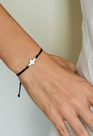 STAINLESS STEEL SILVER TONE CROSS BRACELET BLACK, CHRISTIAN