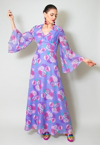 Vera Mont 70's Vintage Purple Floral Wide Sleeve Maxi Dress