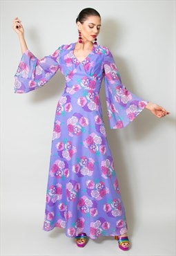 Vera Mont 70's Vintage Ladies Purple Sleeve Maxi Dress