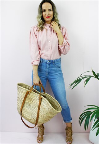 VINTAGE 80'S PINK LINEN PLEATED DETAIL SHIRT BLOUSE TOP