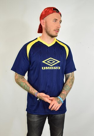 VINTAGE 90S UMBRO NAVY YELLOW JERSEY TOP T SHIRT