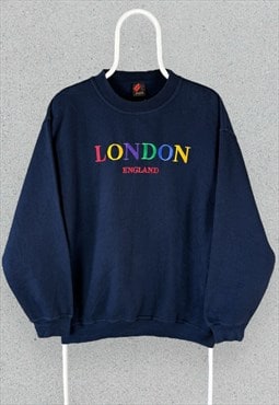 Vintage London England Blue Sweatshirt Embroidered Large