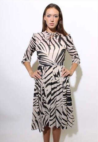 VINTAGE 1970S ZEBRA PRINT NUDE BLACK MIDI SHEER DRESS