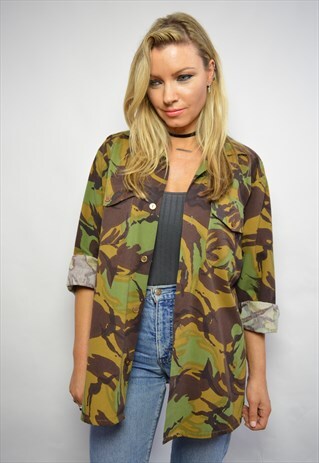 VINTAGE 90S ARMY GREEN CAMO MILITARY SHIRT PUNK ROCKER