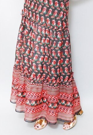 VINTAGE 1970'S ROSE PRINT OFF THE SHOULDER RUFFLE MAXI DRESS