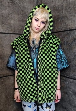 Checkerboard fleece gilet handmade check hoodie jacket green