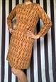 Vintage 60s midi brown/tan shift dress with long sleeves