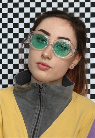 OVAL SUNGLASSES WITH GLITTER TINTED LENSES IN GREEN