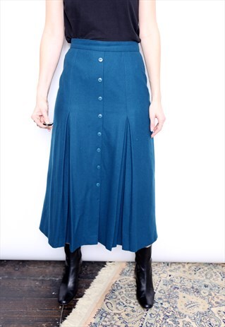 VINTAGE 80S BLUE WOOL PLEATED BUTTON MIDI SKIRT