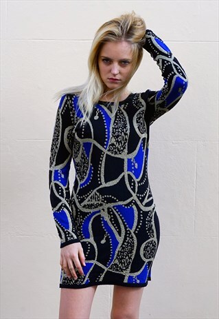 Knitted Bodycon Dress with Gold/Blue Abstract Print