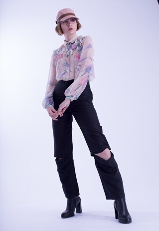 ADJUSTABLE LENGTH HIGH WAISTED BLACK TROUSERS