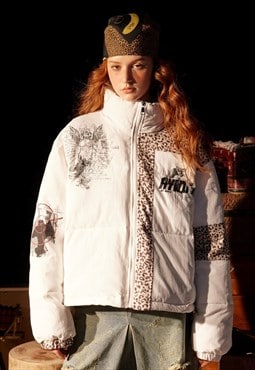 Leopard print bomber jacket padded leopard grunge coat white