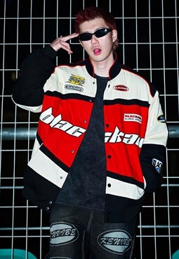 Motorcycle varsity jacket patch padded Racing bomber in red