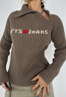 Vintage 90s Jumper Knit Turtle Neck Zip Ribbed Y2k Sweater