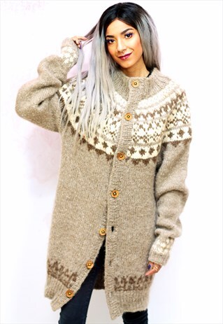 1980S VINTAGE LIGHT BROWN ICELANDIC WOOL KNIT CARDIGAN