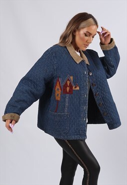 Vintage Quilted Denim Jacket Oversized Embroidered  (KUAI)