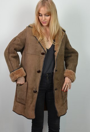 VINTAGE 70S DARK BROWN SHEEPSKIN SHEARLING COAT