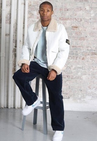 VINTAGE STONE ISLAND LEATHER SHERPA AVIATOR JACKET WHITE