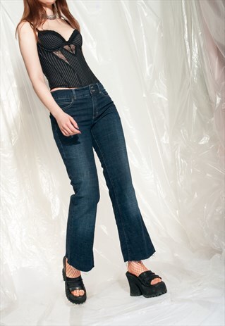 VINTAGE FLARE JEANS Y2K CROPPED MIDDLE RISE DENIM TROUSERS