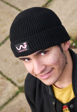 RECYCLED FISHERMANS BEANIE IN BLACK WITH WORM EMBROIDERY