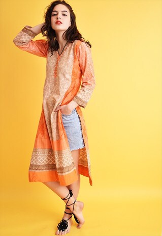 80'S BOHO FESTIVAL ORIENTAL PRINT INDIAN SARI TUNIC DRESS