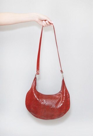 VINTAGE 1980'S BURGUNDY LEATHER FAUX SNAKE SKIN HANDBAG
