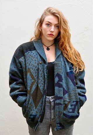 VINTAGE 1990S GRUNGE ABSTRACT PRINT WOOL CROP JACKET