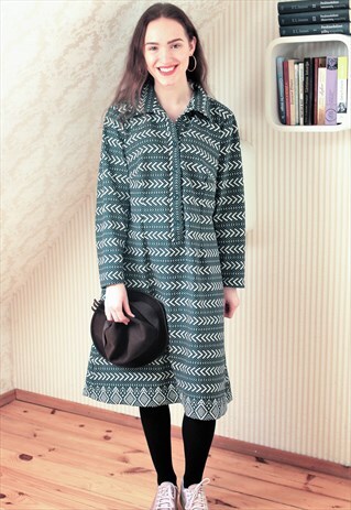 GREEN AND WHITE HERRINBONE DRESS