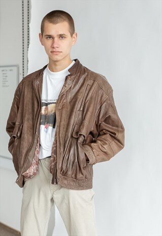 VINTAGE 80S LEATHER BOMBER JACKET IN WASHED OFF BROWN