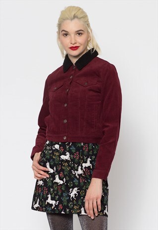 MAROON CROPPED JACKET WITH FAUX SHERPA LINING