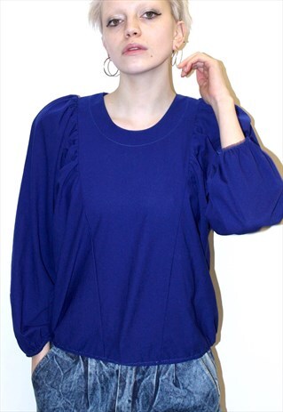 80S VINTAGE ROYAL BLUE SLOUCHY TOP GATHERS BOXY BOHO