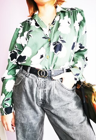 VINTAGE 80'S FLORAL PRINT ELEGANT SHIRT BLOUSE IN GREEN