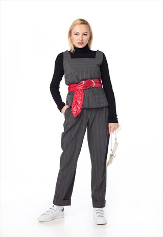 90'S DARK GRAY STRIPED CO-ORDINATE TOP&TROUSERS SET