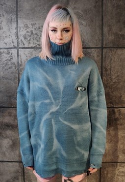 Tie-dye knitted sweater butterfly patch jumper in blue