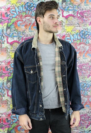 VINTAGE 80S DARK BLUE BLANKET LINED DENIM JACKET.