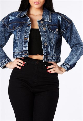 BLUE ACID WASH DISTRESSED OVERSIZED CROPPED DENIM JACKET