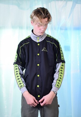 VINTAGE KAPPA BLACK, GREY AND LIME GREEN TRACK JACKET