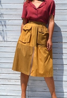 Tobacco brown/ocher midi thin canvas skirt with pockets